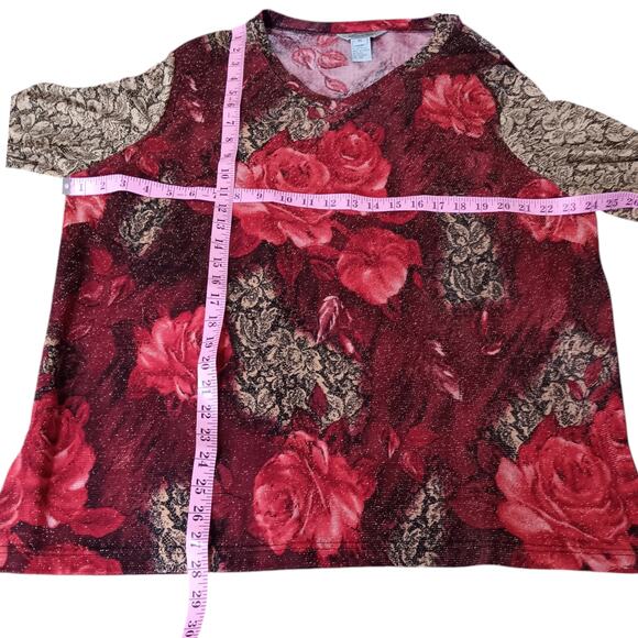 VINTAGE STONEBRIDGE Top Blouse Shirt Roses Floral Sparkles‎ Size XL Red Gold - Picture 7 of 9